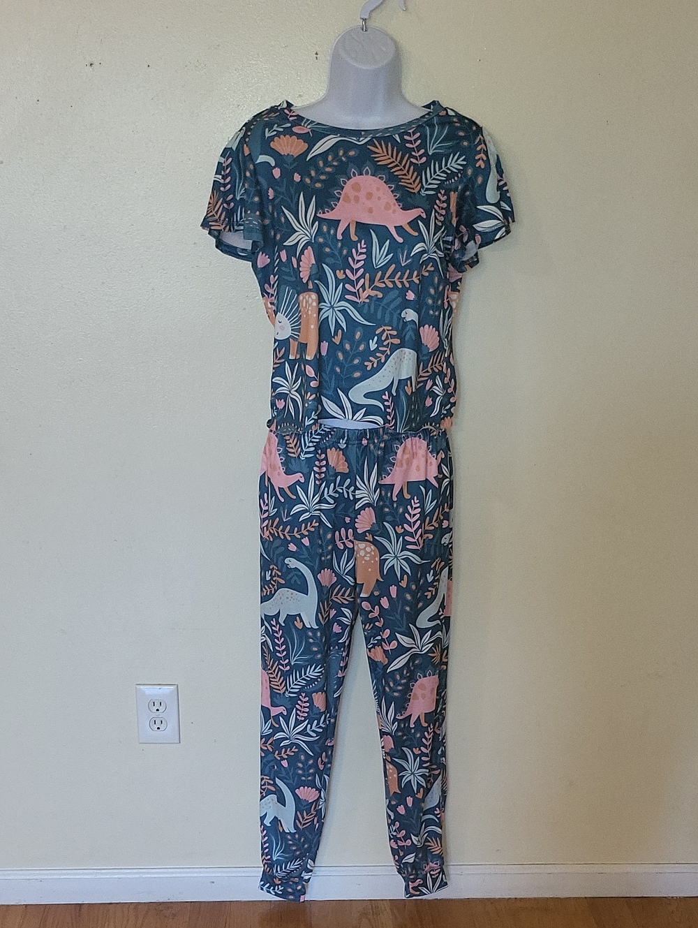 Women's Pink Dinosaur Print Pajama Set - Dark Teal Background
